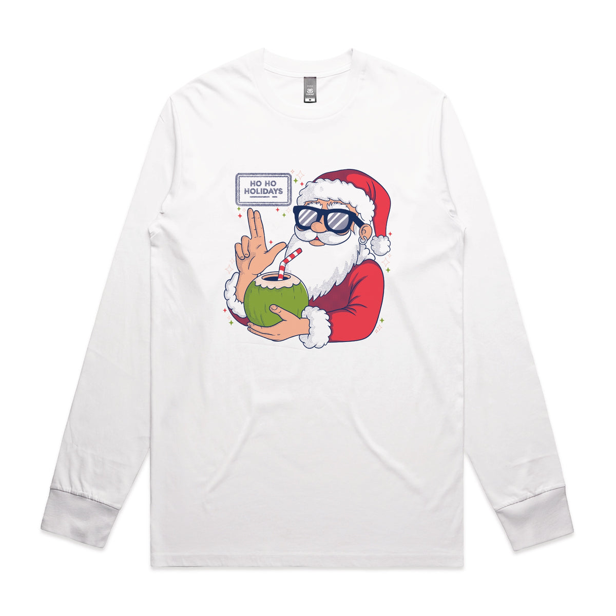White long sleeve t-shirt with Ho Ho Holidays graphic by Lonely Kids Club