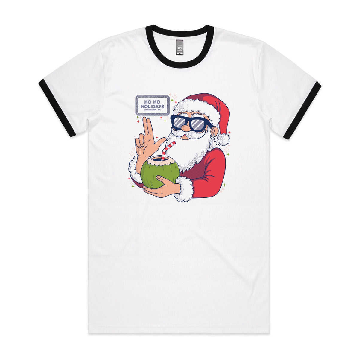 Black/White Ringer unisex t-shirt with Ho Ho Holidays graphic by Lonely Kids Club