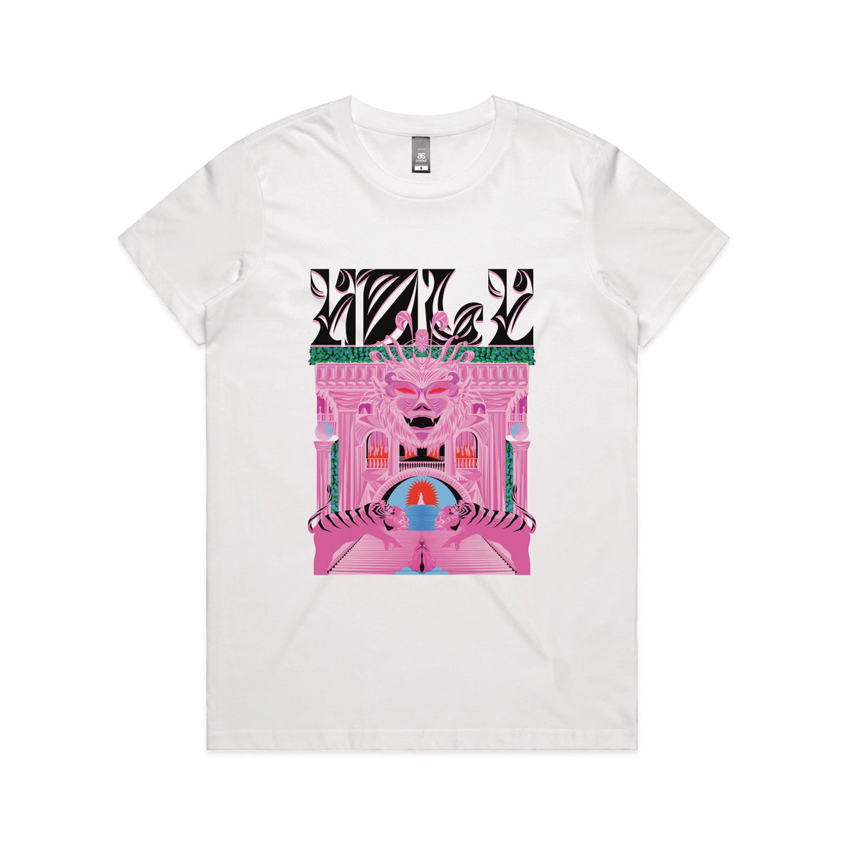 White fitted womens t-shirt with Holy Temple graphic by Lonely Kids Club