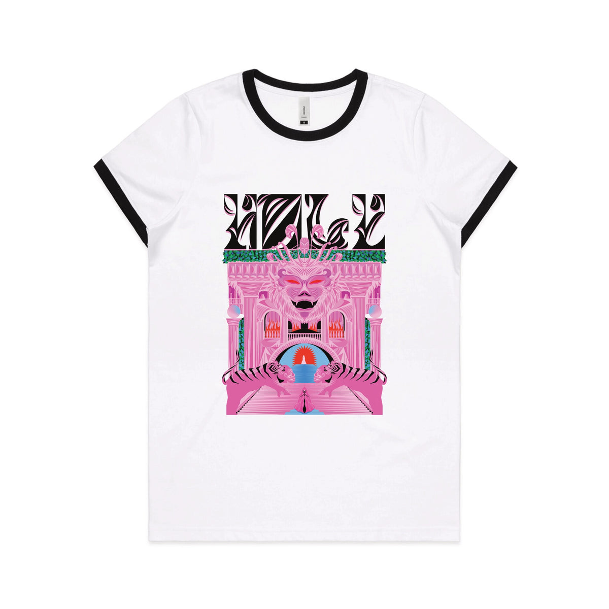 Black/White Ringer fitted womens t-shirt with Holy Temple graphic by Lonely Kids Club
