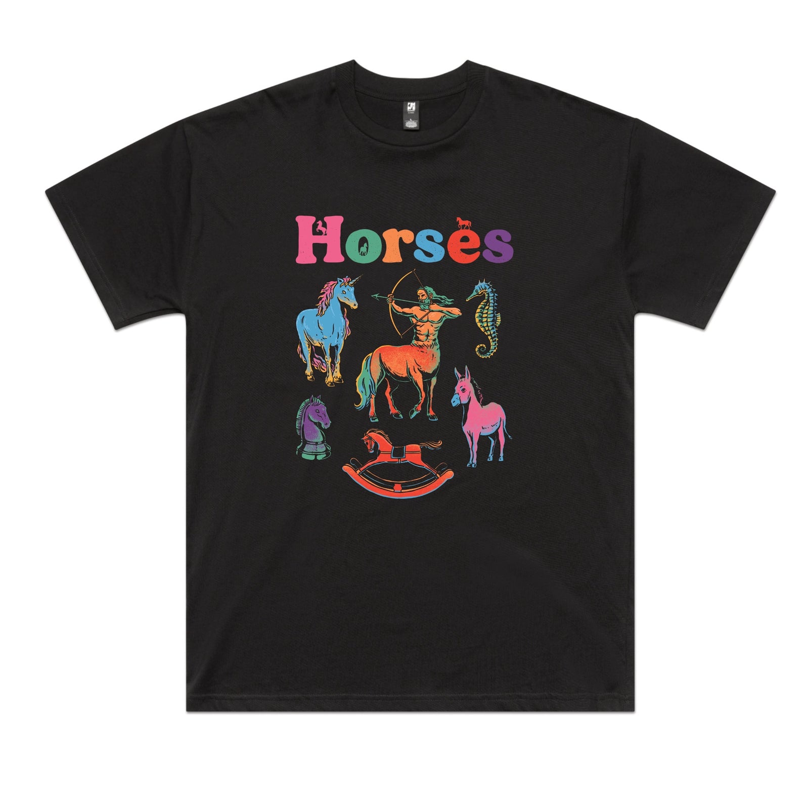 Black oversized t-shirt with Bright Horses graphic by Lonely Kids Club