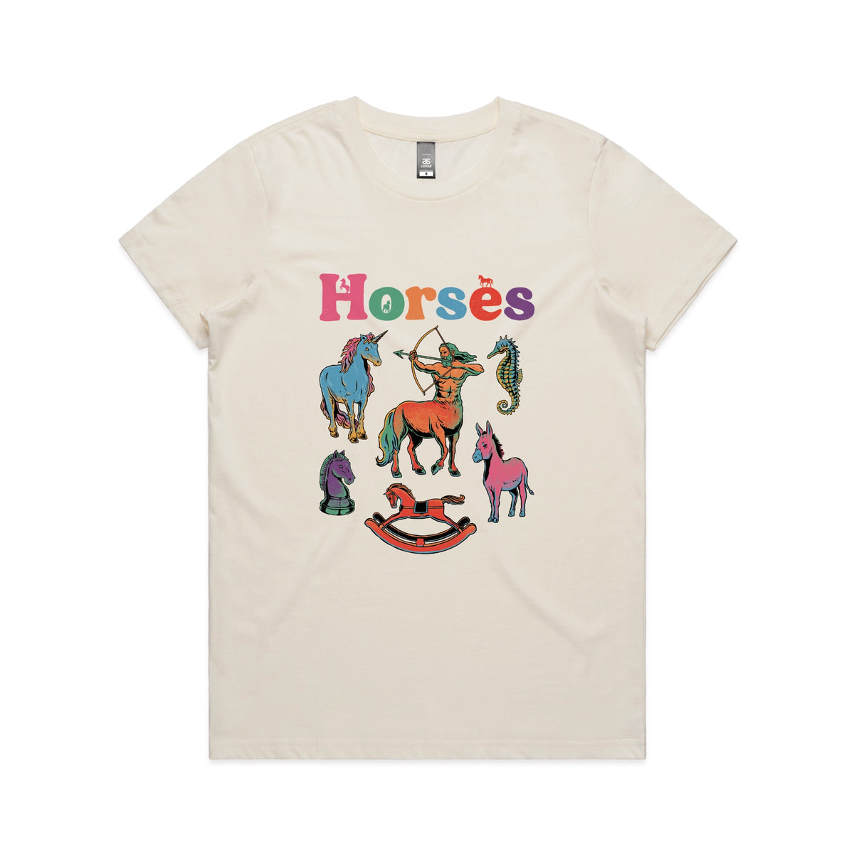 Ecru fitted womens t-shirt with Bright Horses graphic by Lonely Kids Club