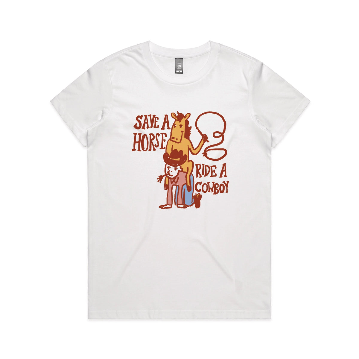 White fitted womens t-shirt with Save A Horse graphic by Lonely Kids Club