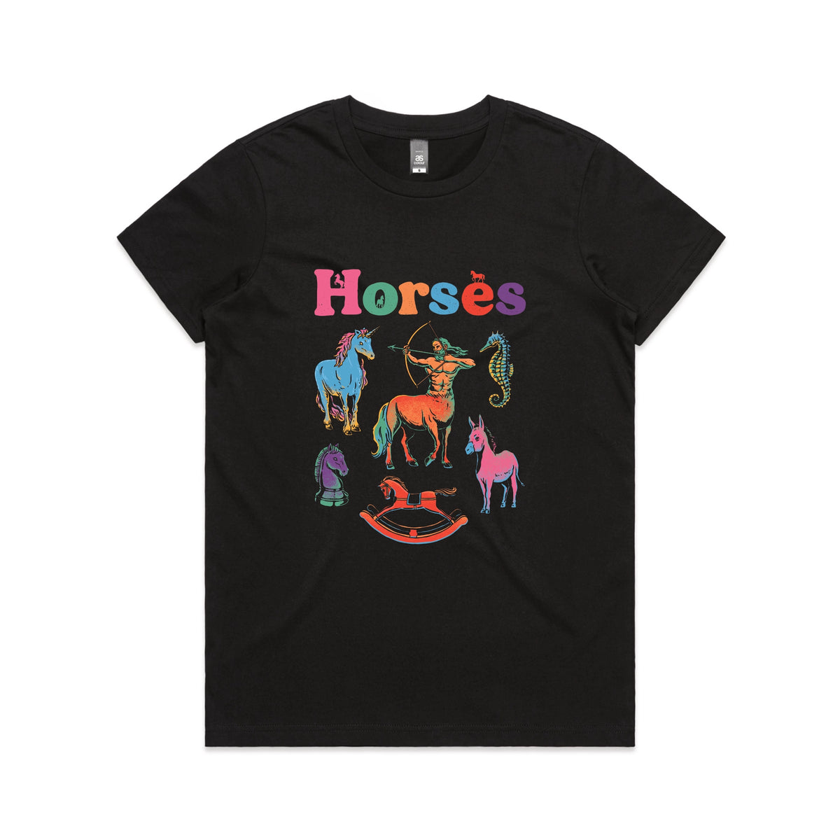 Black fitted womens t-shirt with Bright Horses graphic by Lonely Kids Club