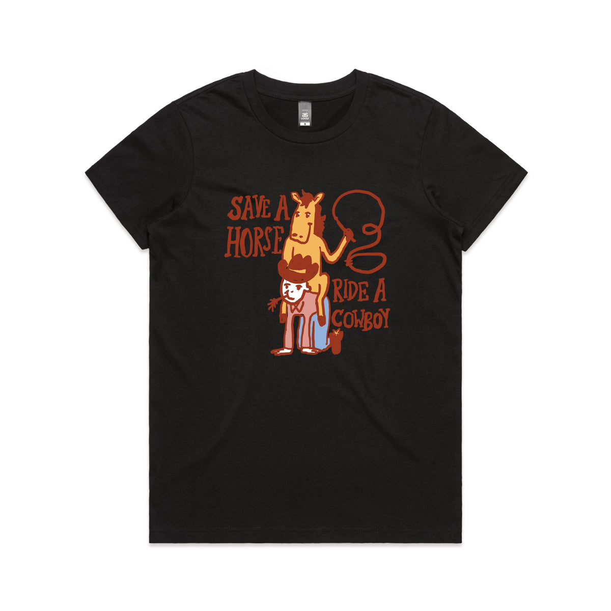 Black fitted womens t-shirt with Save A Horse graphic by Lonely Kids Club