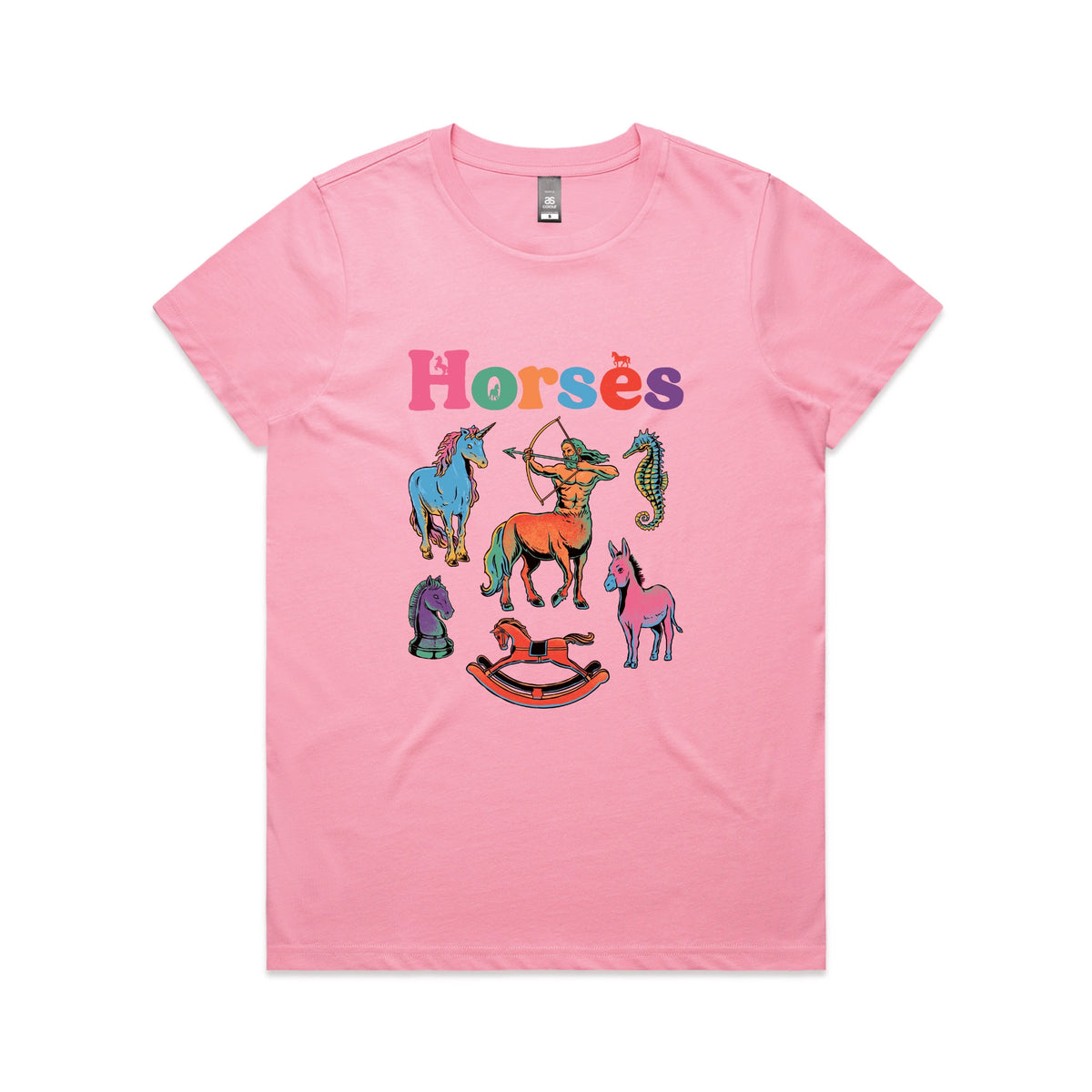 Bubblegum fitted womens t-shirt with Bright Horses graphic by Lonely Kids Club
