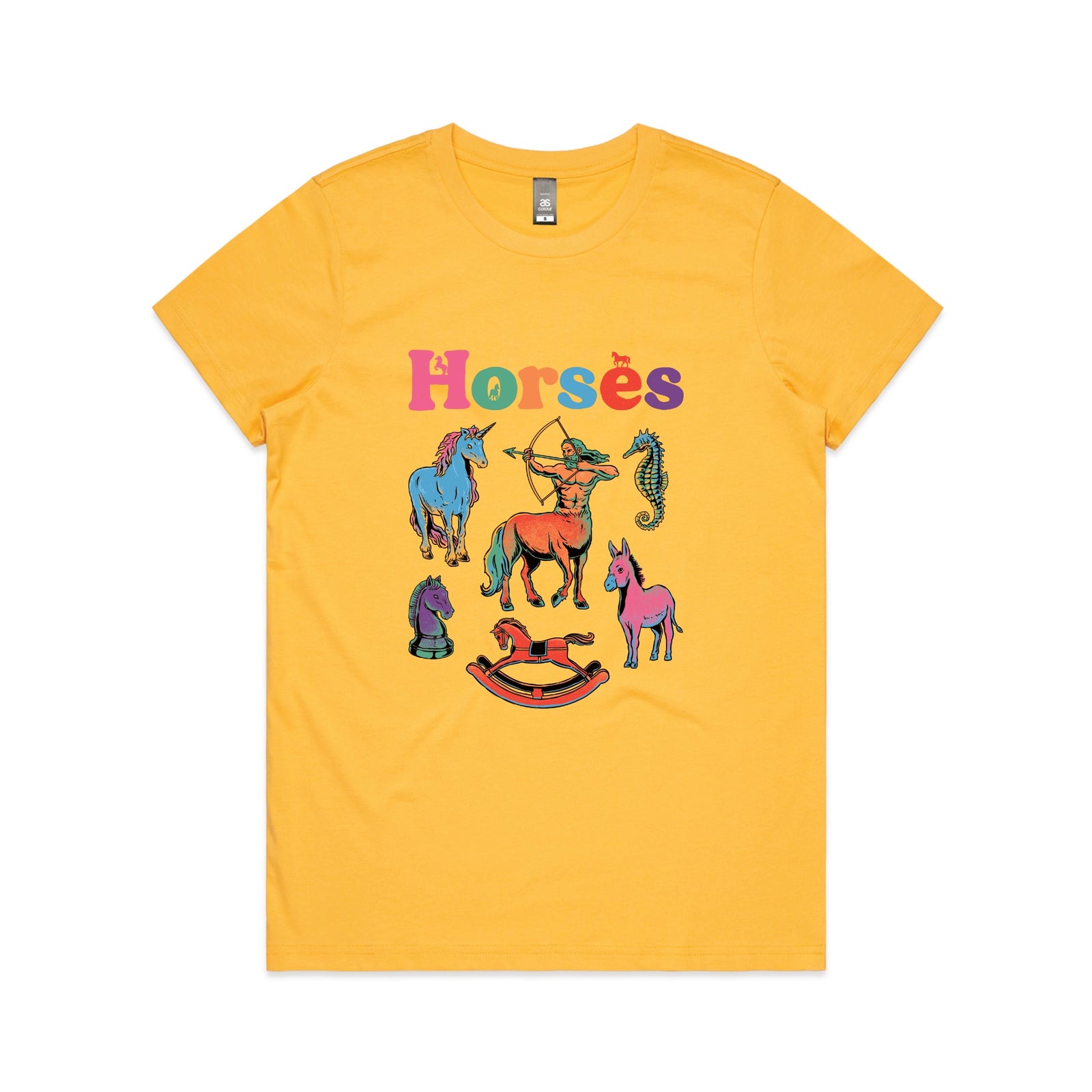 Yellow fitted womens t-shirt with Bright Horses graphic by Lonely Kids Club
