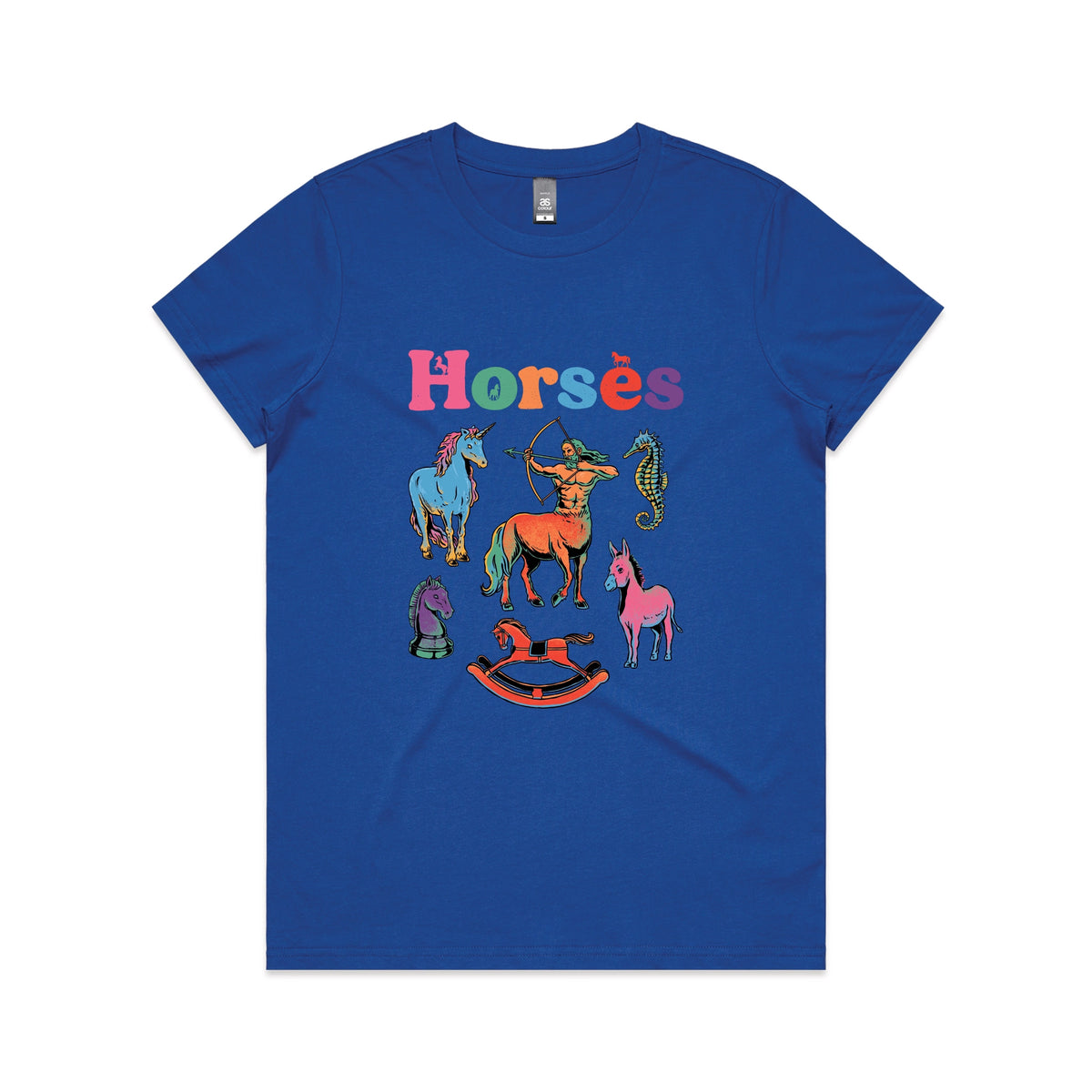 Royal Blue fitted womens t-shirt with Bright Horses graphic by Lonely Kids Club