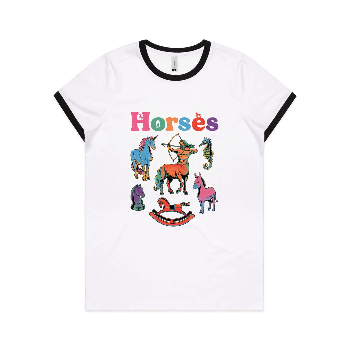 Black/White Ringer fitted womens t-shirt with Bright Horses graphic by Lonely Kids Club