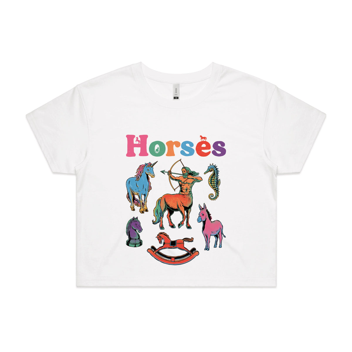 White crop top with Bright Horses graphic by Lonely Kids Club