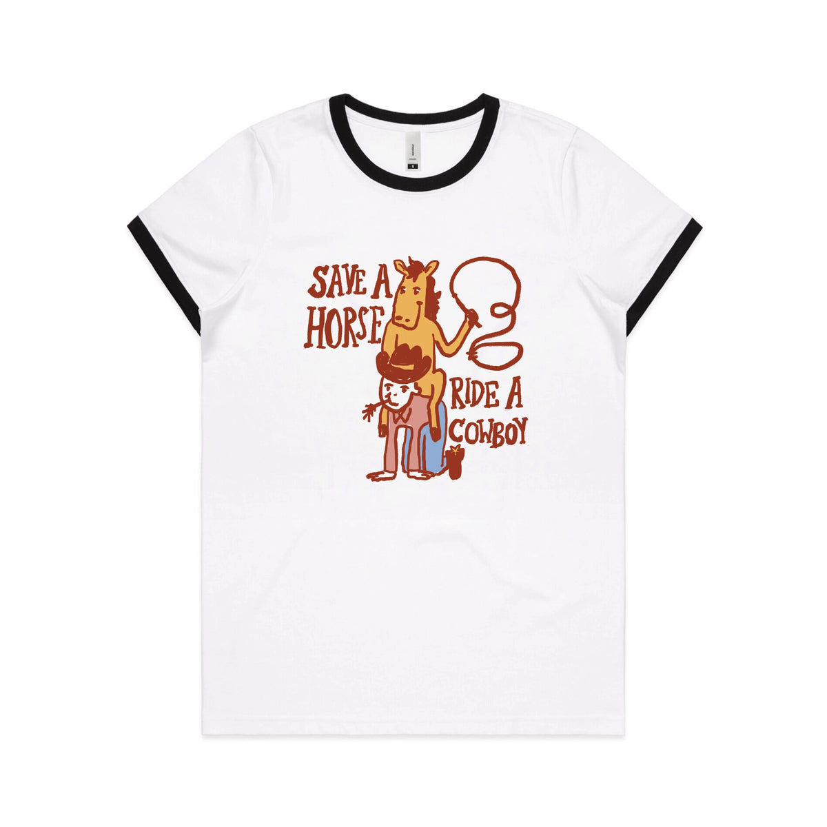 Black/White Ringer fitted womens t-shirt with Save A Horse graphic by Lonely Kids Club