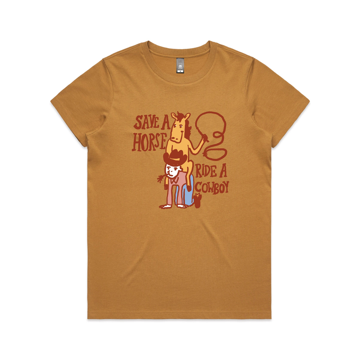 Camel fitted womens t-shirt with Save A Horse graphic by Lonely Kids Club