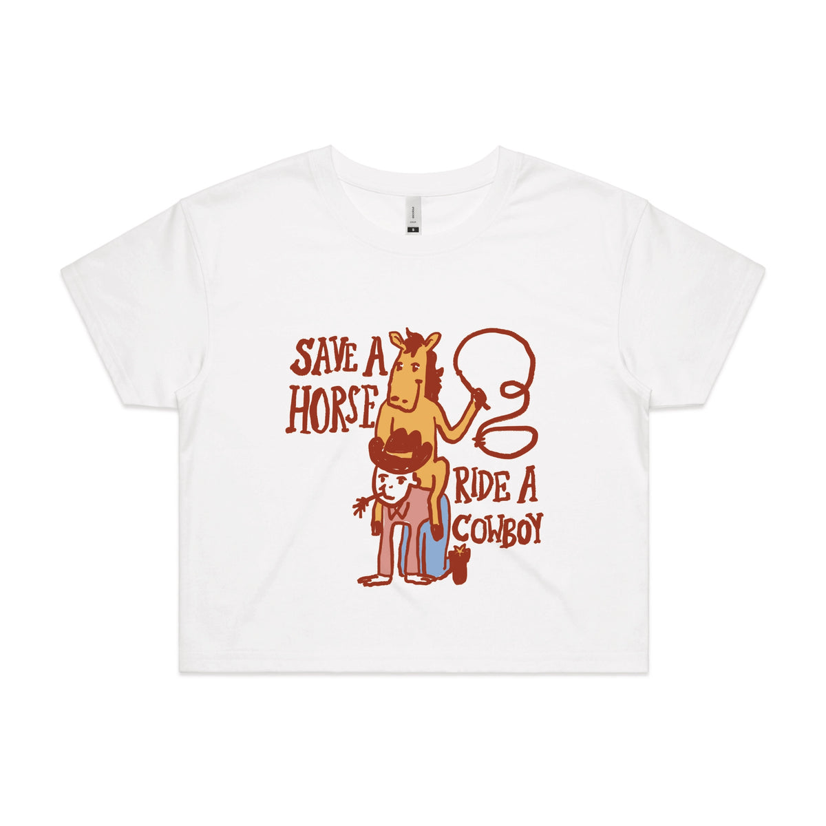 White crop top with Save A Horse graphic by Lonely Kids Club