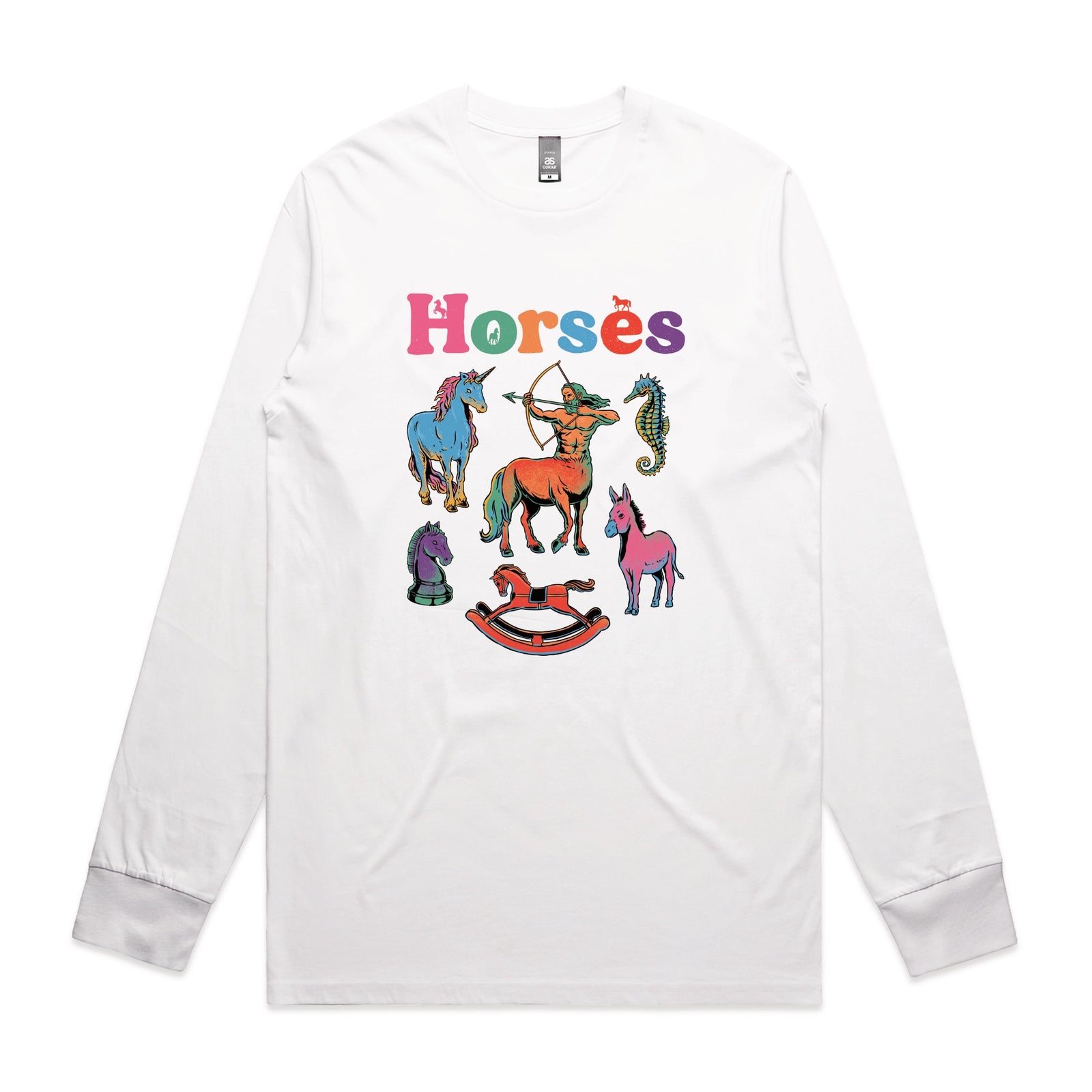 White long sleeve t-shirt with Bright Horses graphic by Lonely Kids Club
