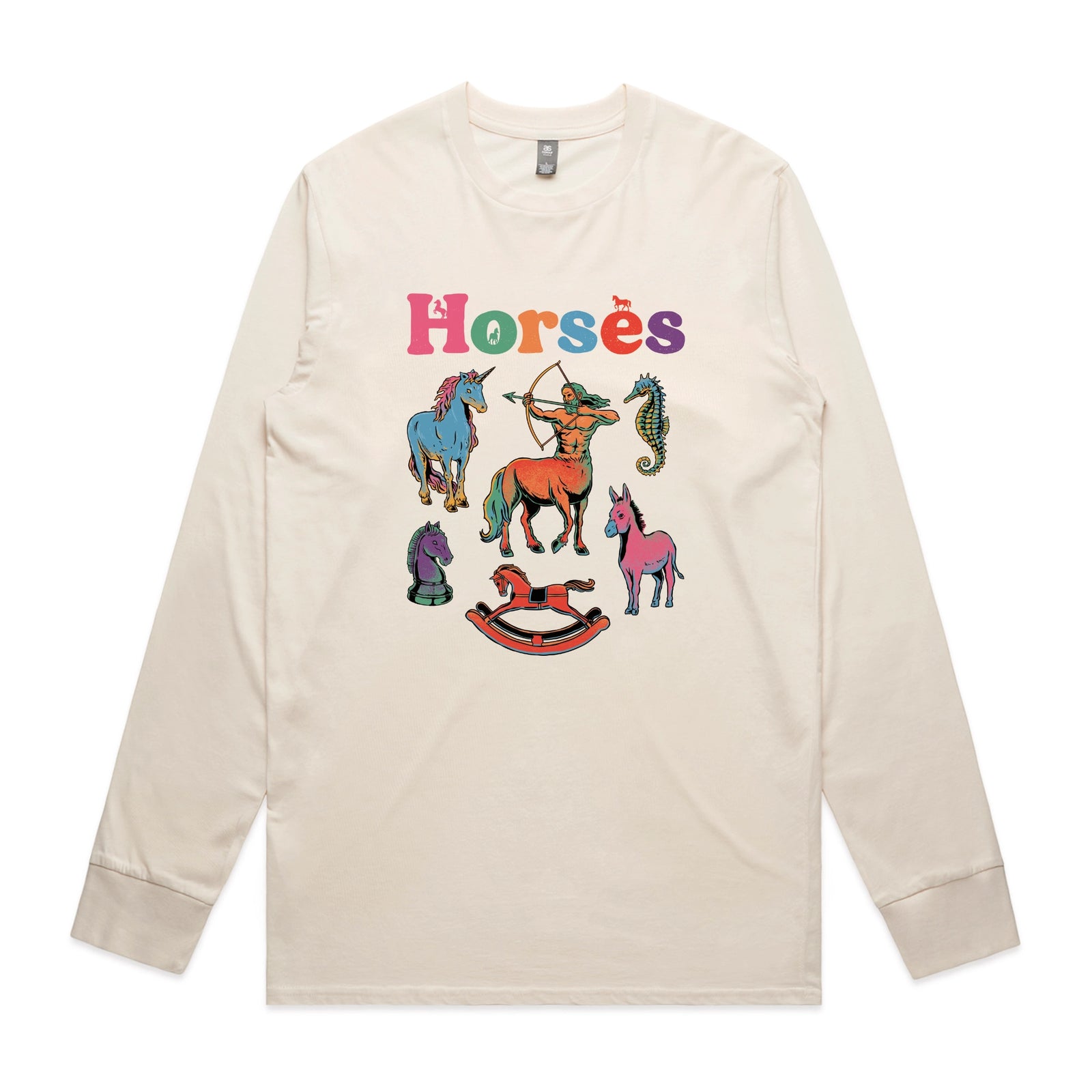 Ecru long sleeve t-shirt with Bright Horses graphic by Lonely Kids Club