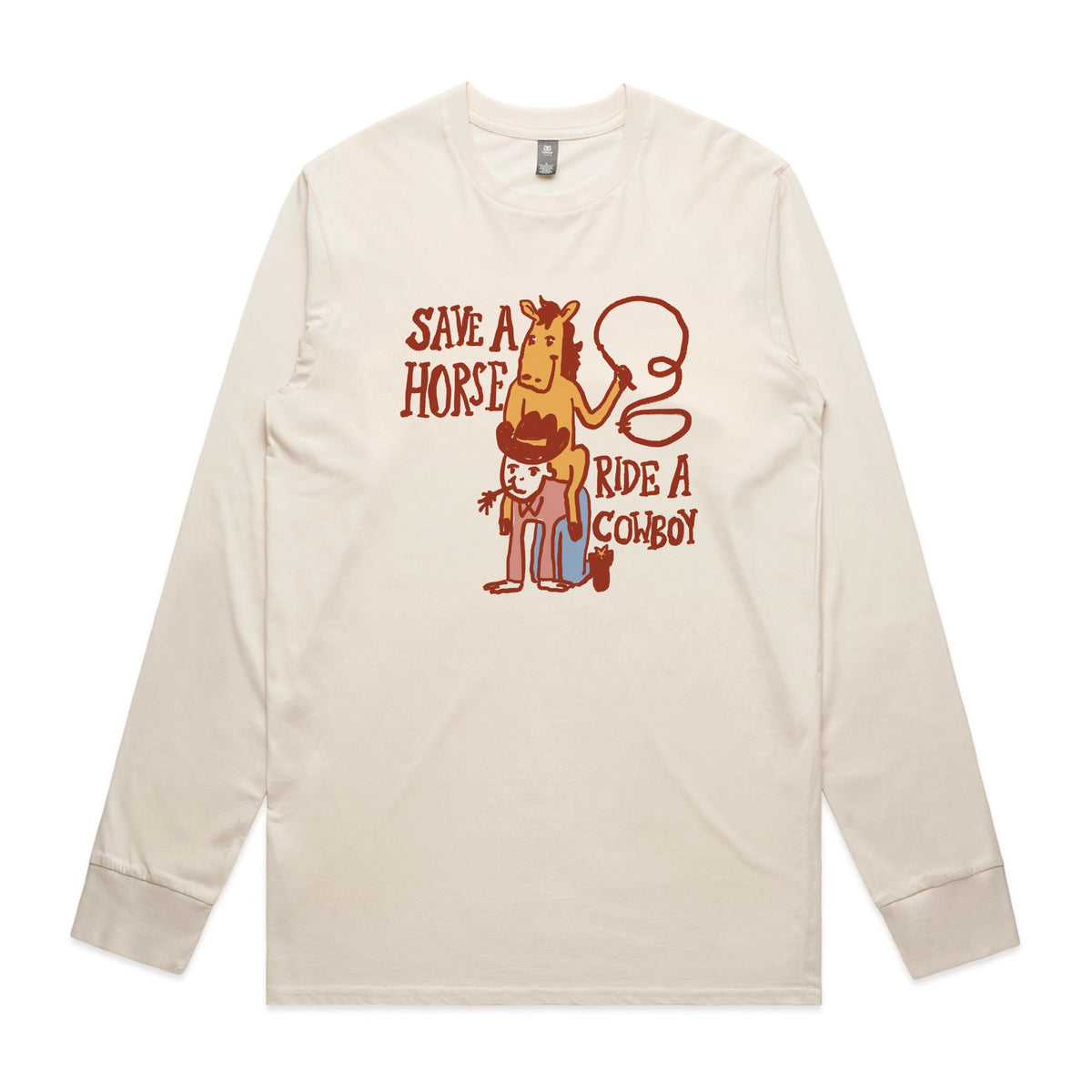 Ecru long sleeve t-shirt with Save A Horse graphic by Lonely Kids Club