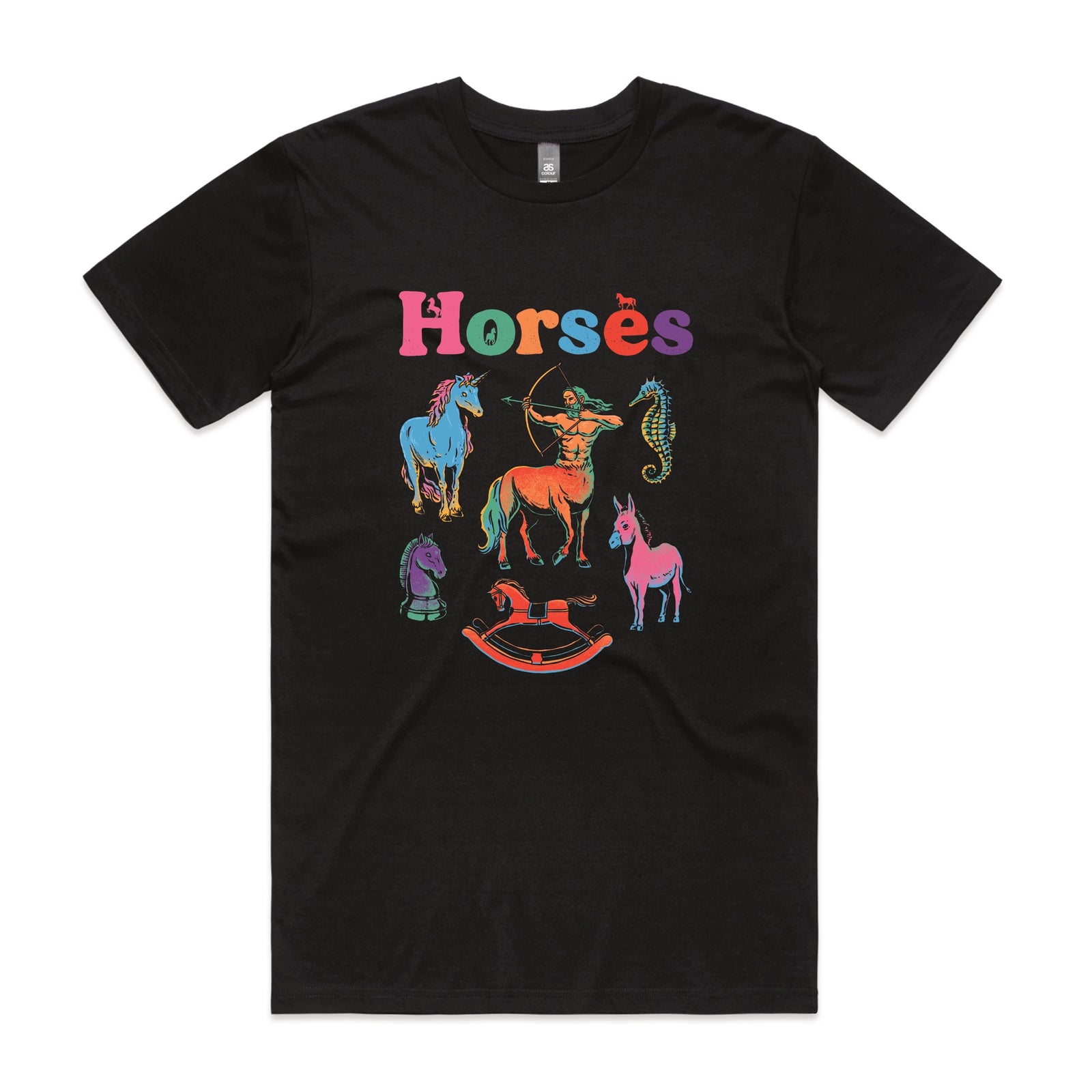 Black unisex t-shirt with Bright Horses graphic by Lonely Kids Club
