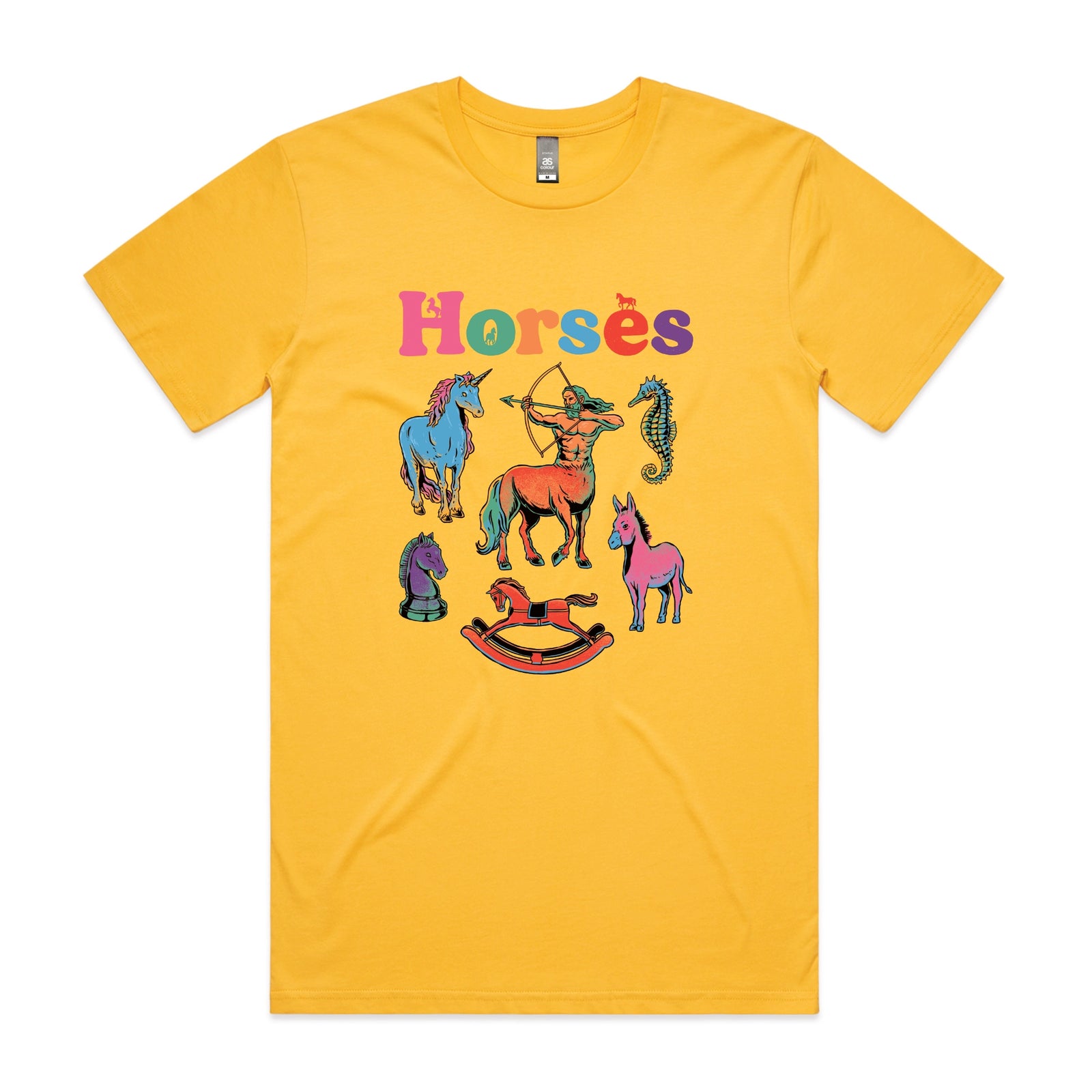 Yellow unisex t-shirt with Bright Horses graphic by Lonely Kids Club