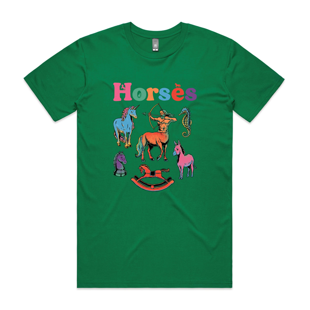 Green unisex t-shirt with Bright Horses graphic by Lonely Kids Club