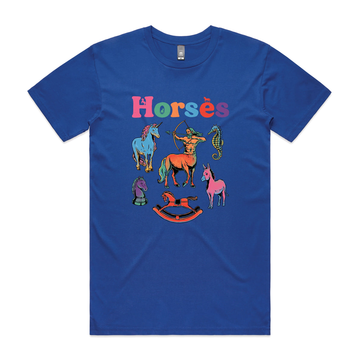 Royal Blue unisex t-shirt with Bright Horses graphic by Lonely Kids Club