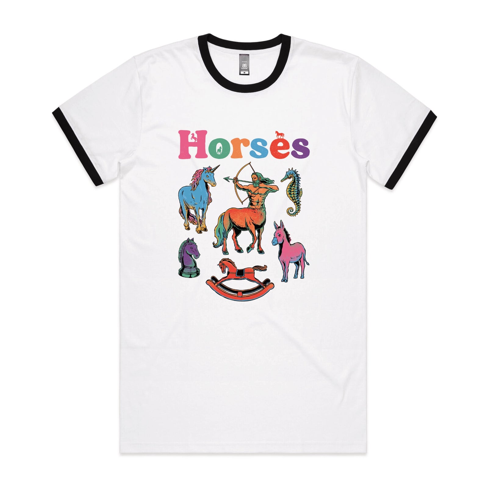 Black/White Ringer unisex t-shirt with Bright Horses graphic by Lonely Kids Club