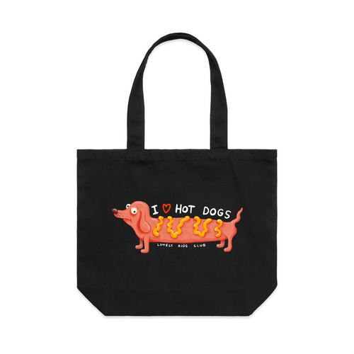 I Love Hot Dogs Tote by Lonely Kids Club. All clothing from our T-shirts to our shorts and hoodies are ethically made, and printed packed and shipped from Sydney.