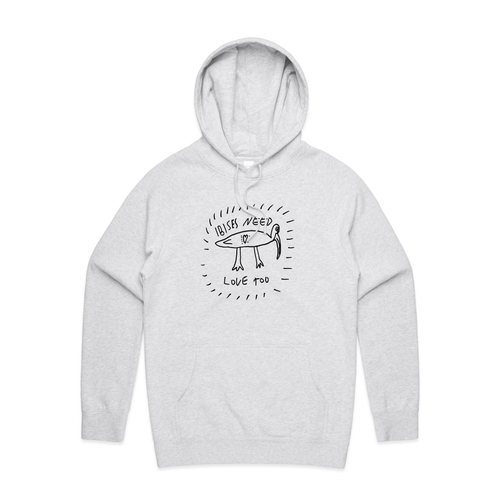 Ibises Need Love Too Hoodie by Lonely Kids Club. All clothing from our T-shirts to our shorts and hoodies are ethically made, and printed packed and shipped from Sydney.