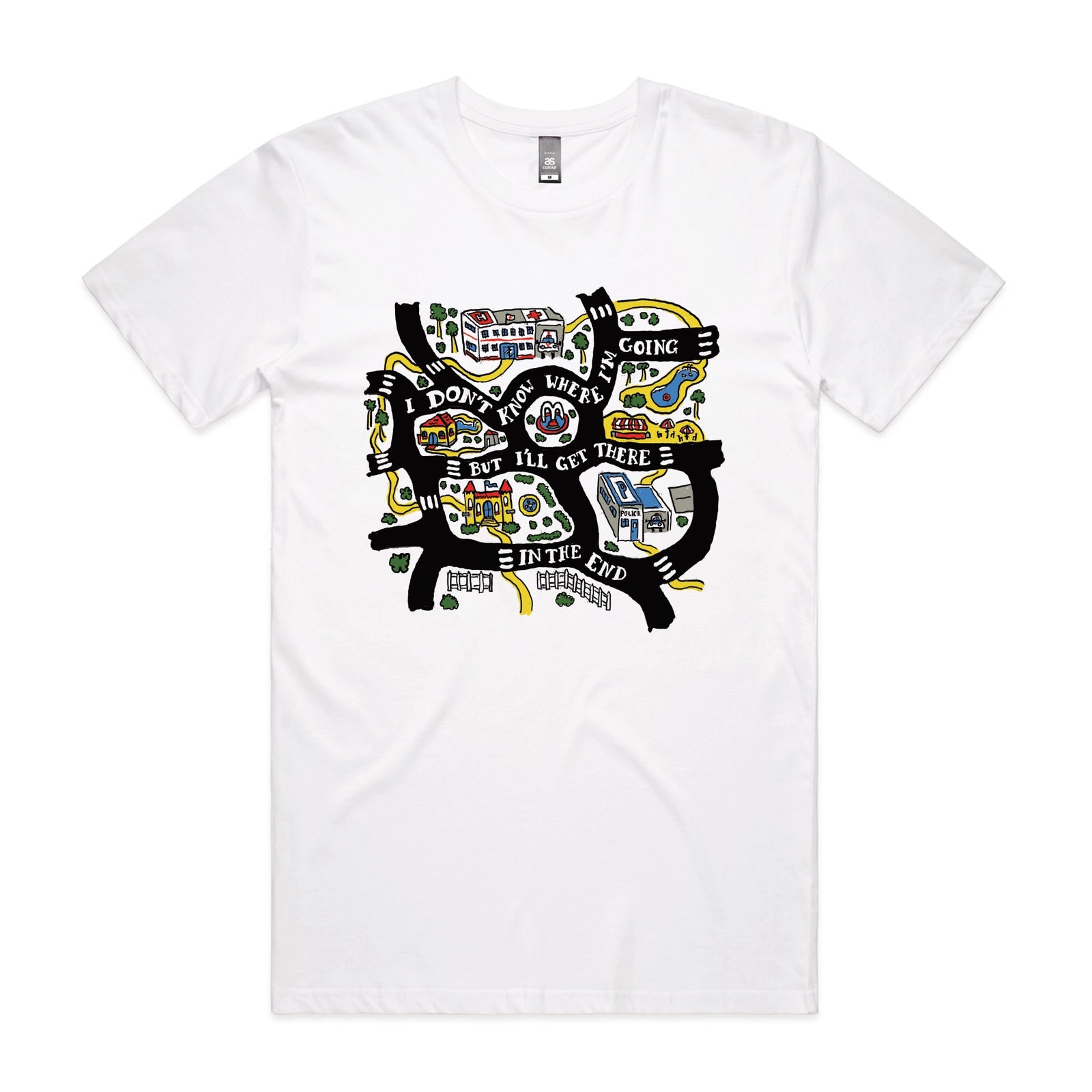 White unisex t-shirt with In The End graphic by Lonely Kids Club