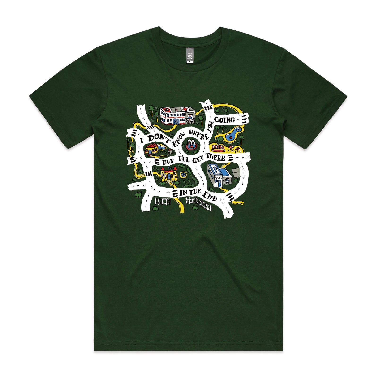 Forest Green unisex t-shirt with In The End graphic by Lonely Kids Club