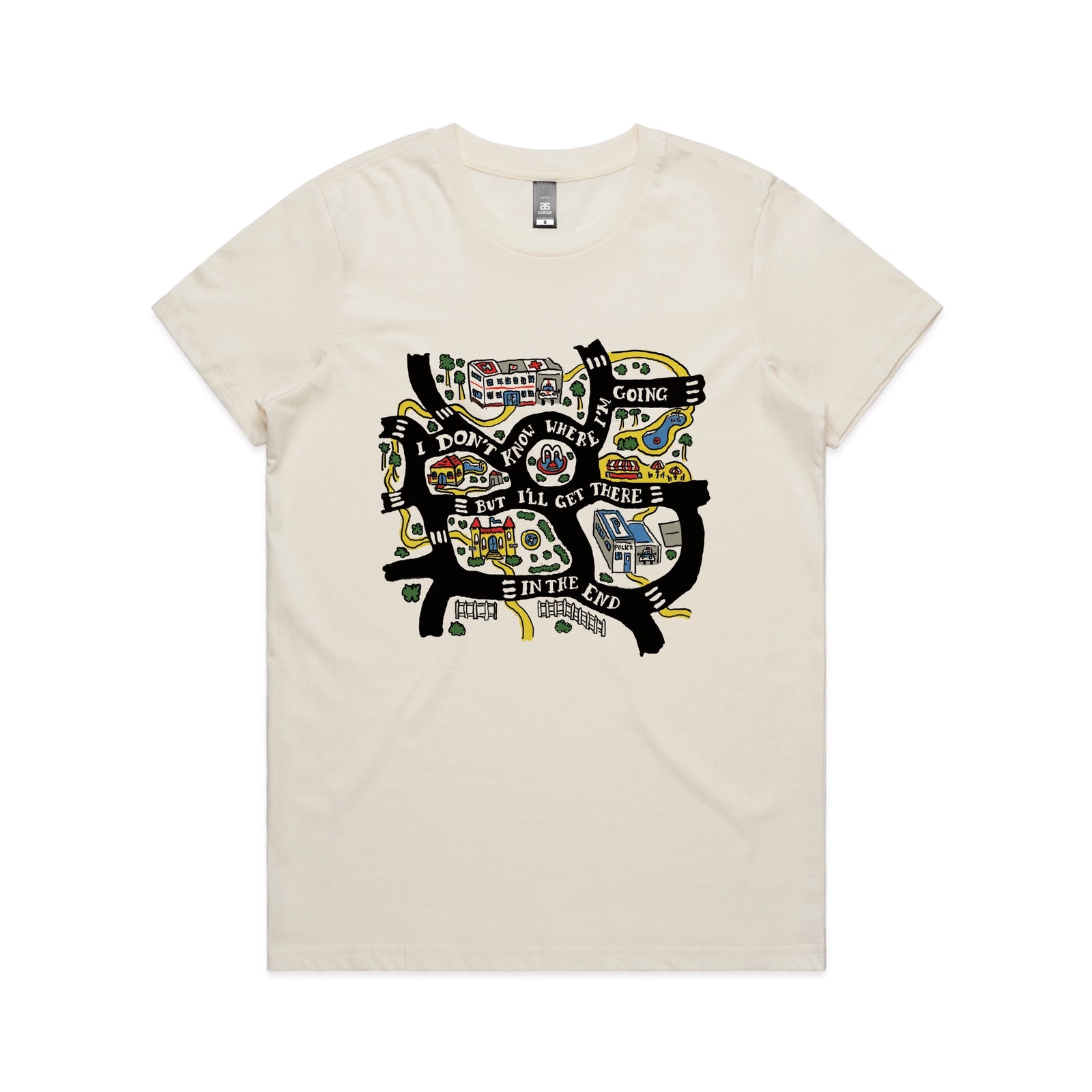 Ecru fitted womens t-shirt with In The End graphic by Lonely Kids Club