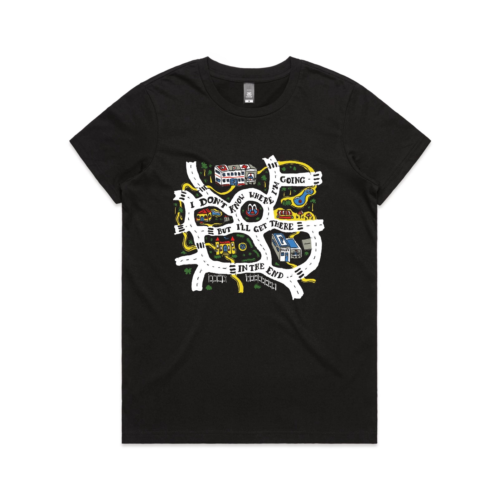 Black fitted womens t-shirt with In The End graphic by Lonely Kids Club