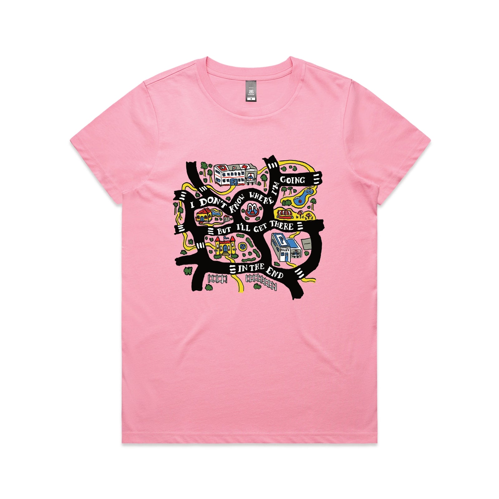 Bubblegum fitted womens t-shirt with In The End graphic by Lonely Kids Club