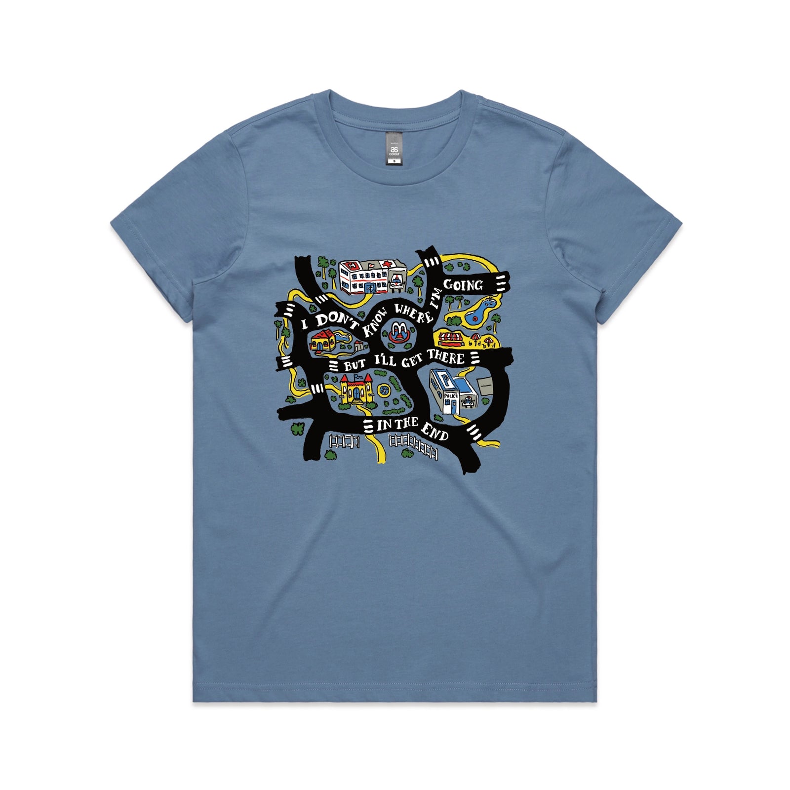 Carolina Blue fitted womens t-shirt with In The End graphic by Lonely Kids Club