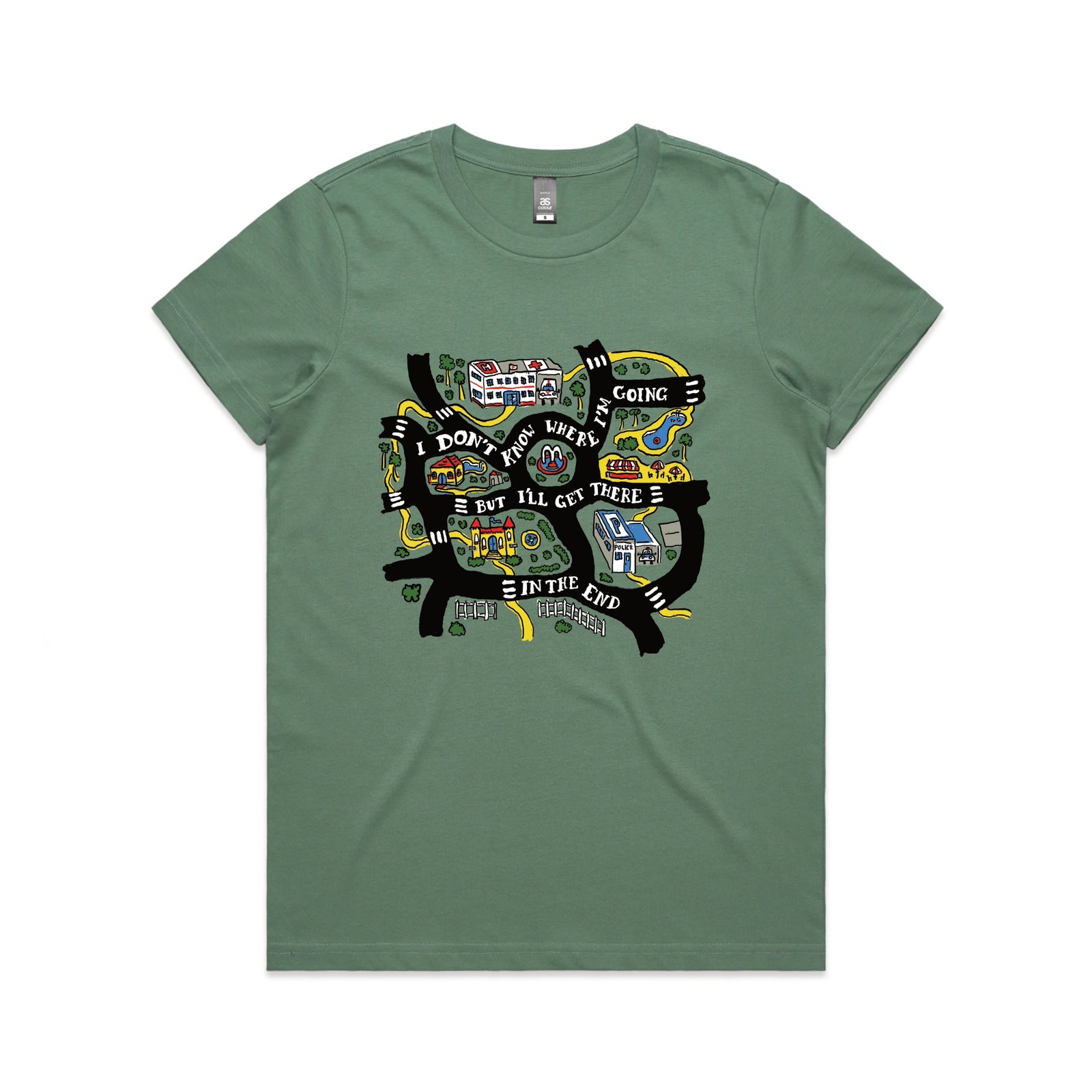 Sage fitted womens t-shirt with In The End graphic by Lonely Kids Club