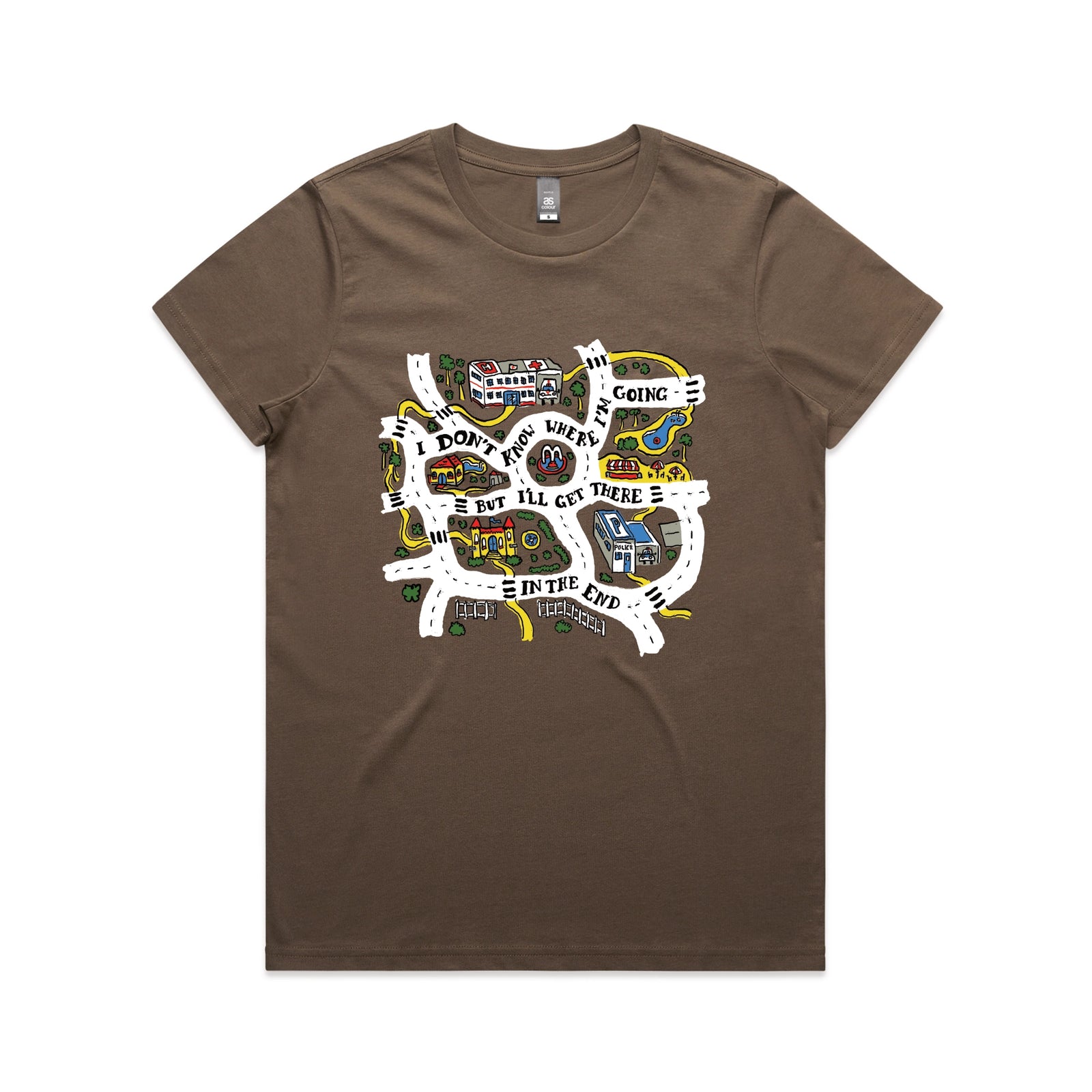 Walnut fitted womens t-shirt with In The End graphic by Lonely Kids Club