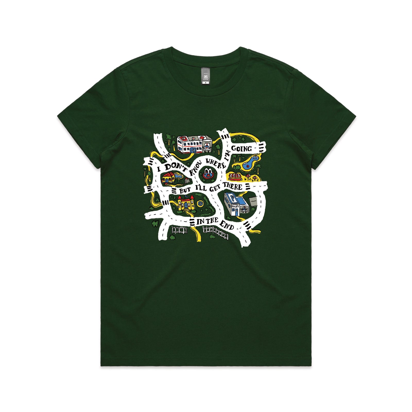 Forest Green fitted womens t-shirt with In The End graphic by Lonely Kids Club