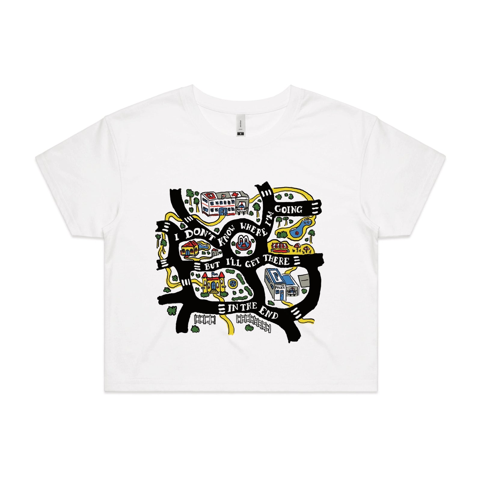White crop top with In The End graphic by Lonely Kids Club