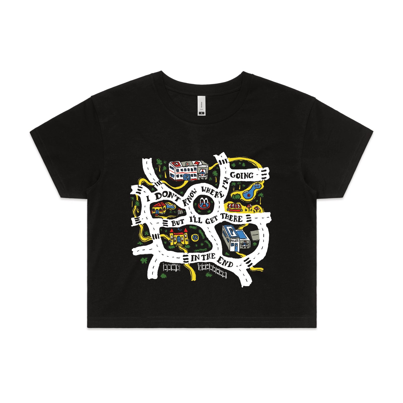 Black crop top with In The End graphic by Lonely Kids Club