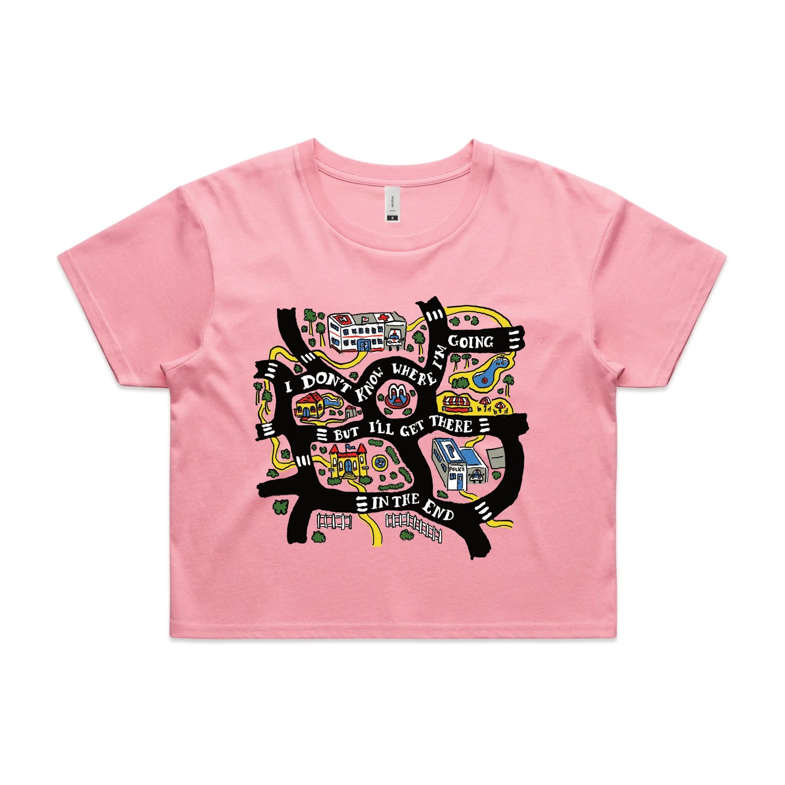 Bubblegum crop top with In The End graphic by Lonely Kids Club