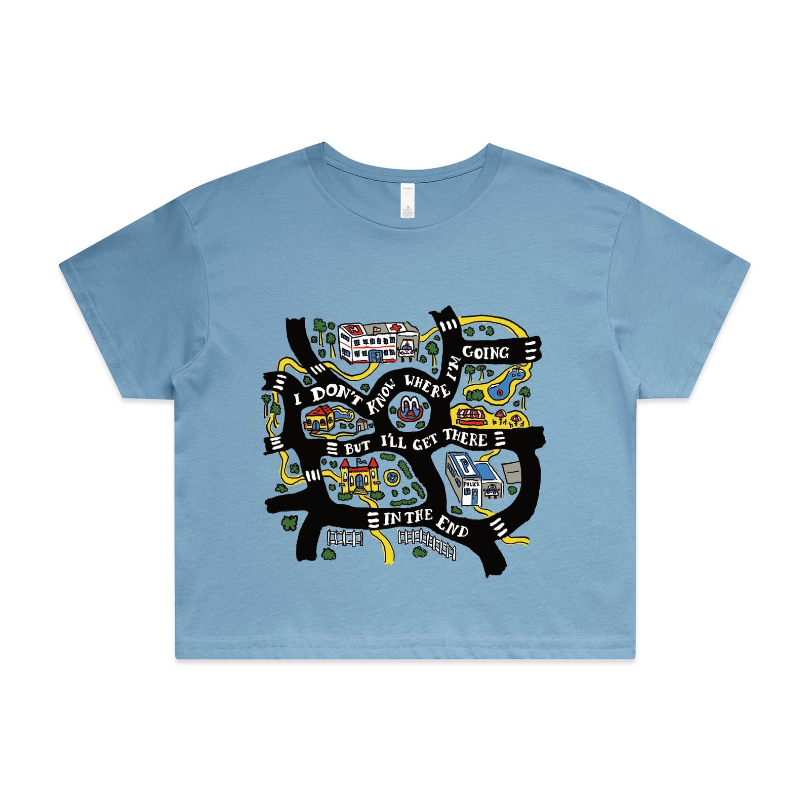 Carolina Blue crop top with In The End graphic by Lonely Kids Club