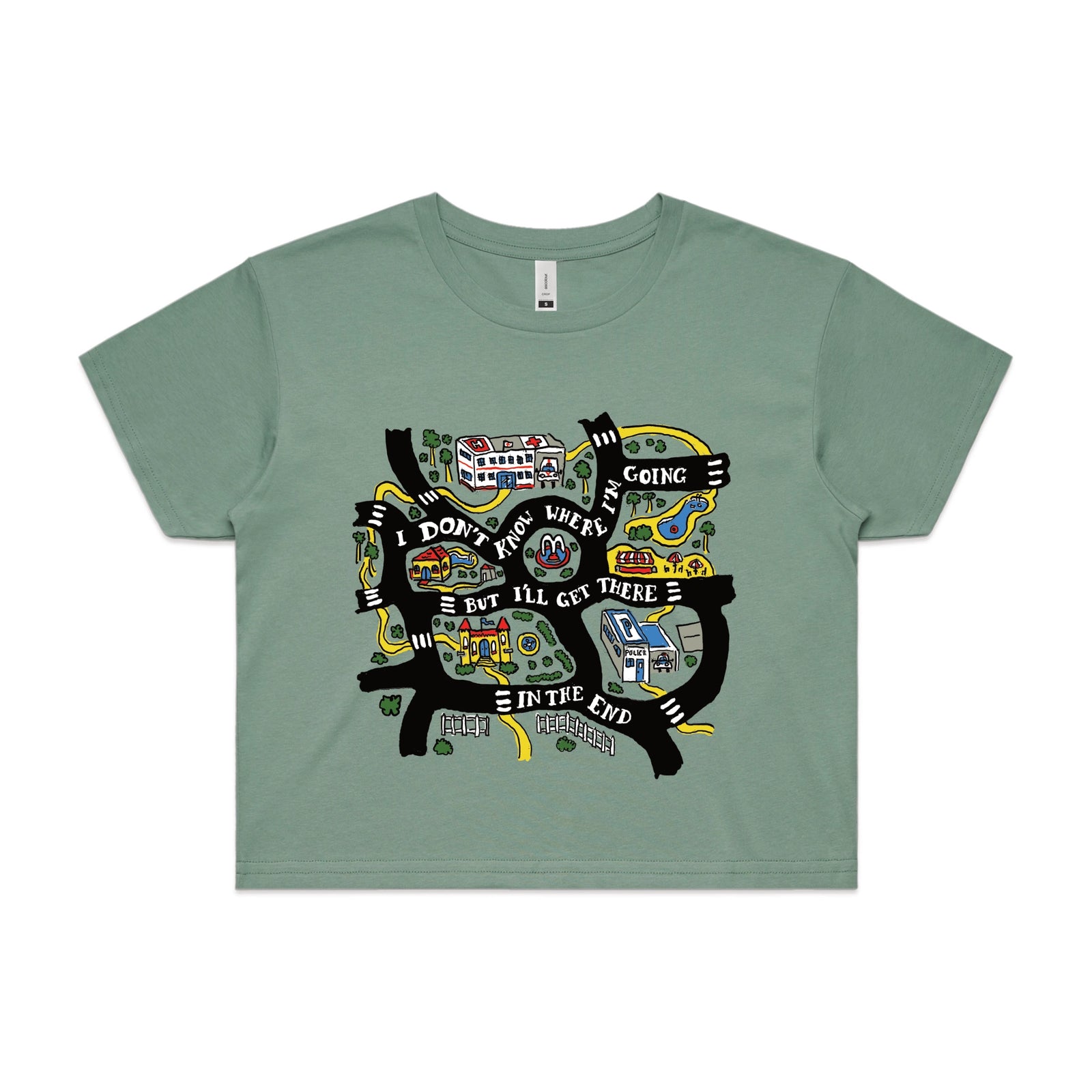 Sage crop top with In The End graphic by Lonely Kids Club