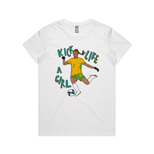Kick Like A Girl Tee by Lonely Kids Club. All clothing from our T-shirts to our shorts and hoodies are ethically made, and printed packed and shipped from Sydney.