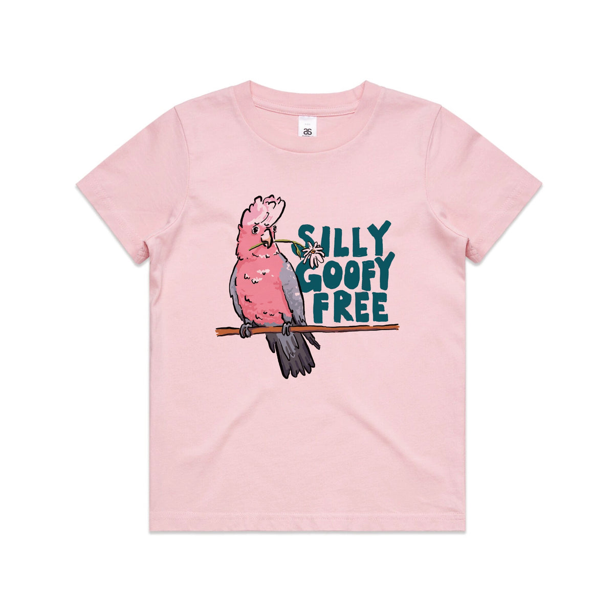 Pink kids t-shirt with Silly Goofy Free Kids graphic by Lonely Kids Club