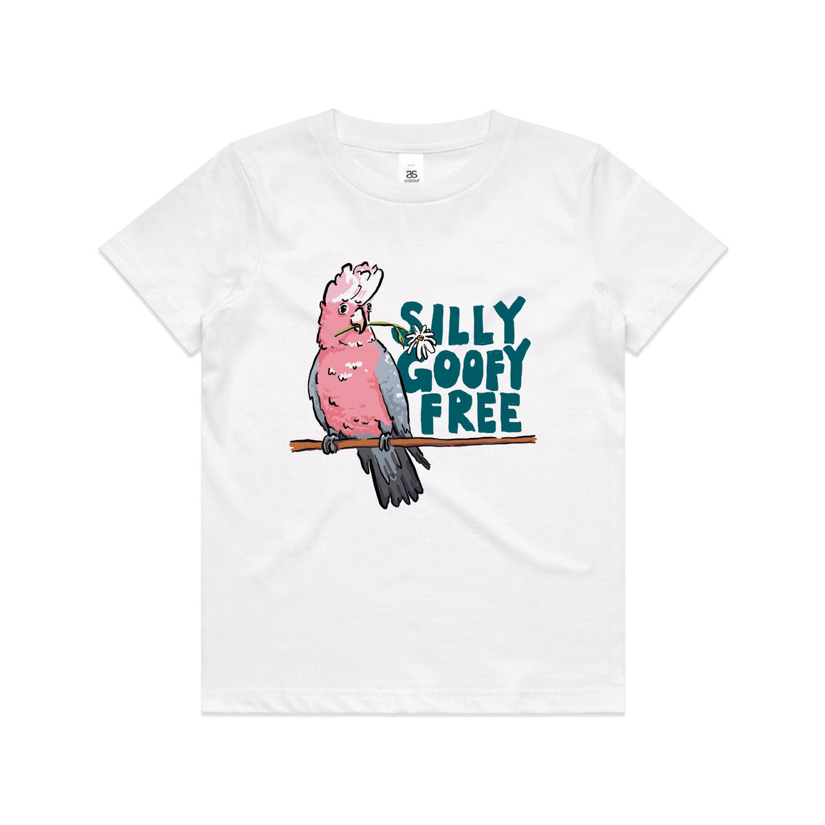 White kids t-shirt with Silly Goofy Free Kids graphic by Lonely Kids Club