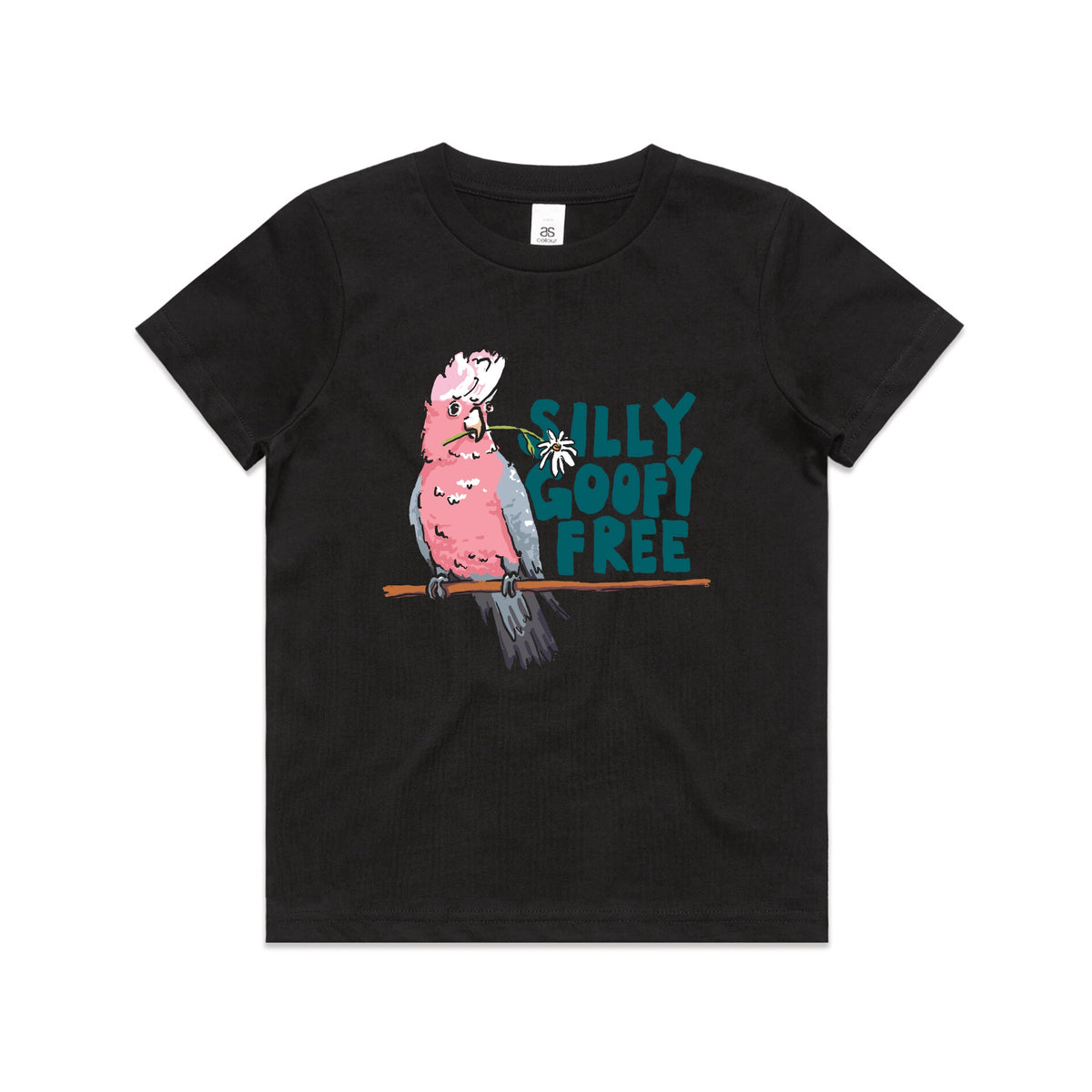 Black kids t-shirt with Silly Goofy Free Kids graphic by Lonely Kids Club