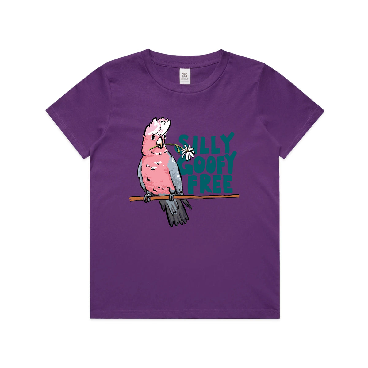 Purple kids t-shirt with Silly Goofy Free Kids graphic by Lonely Kids Club