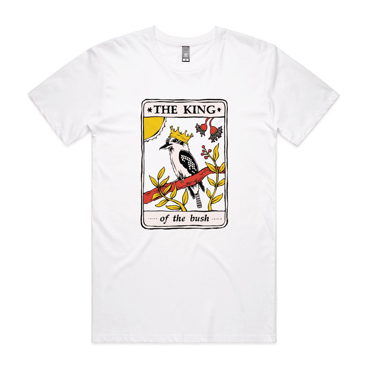 White unisex t-shirt with The King Tarot graphic by Lonely Kids Club