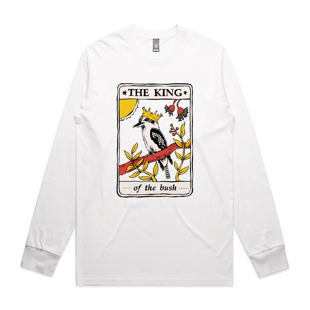 White long sleeve t-shirt with The King Tarot graphic by Lonely Kids Club
