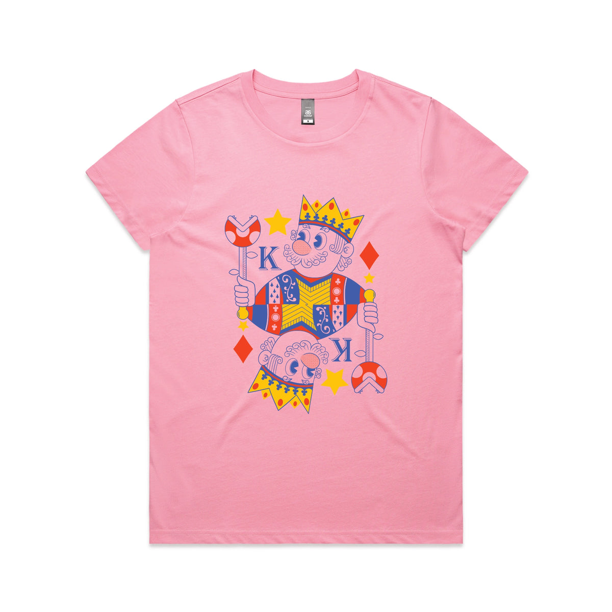 Bubblegum fitted womens t-shirt with Mushroom King graphic by Lonely Kids Club