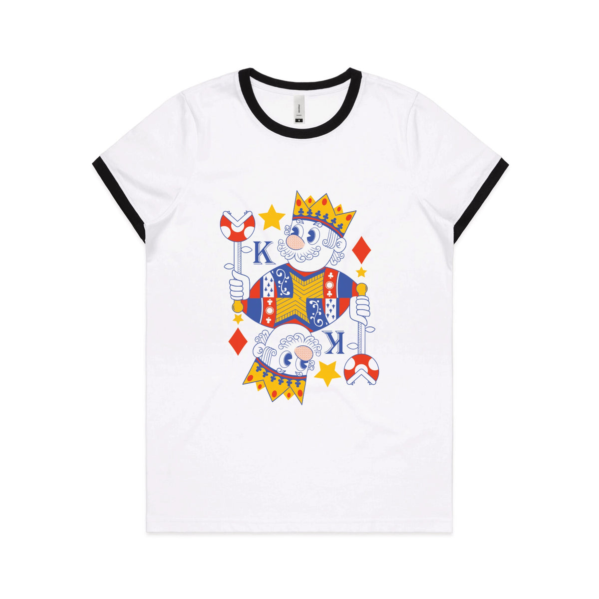 Black/White Ringer fitted womens t-shirt with Mushroom King graphic by Lonely Kids Club
